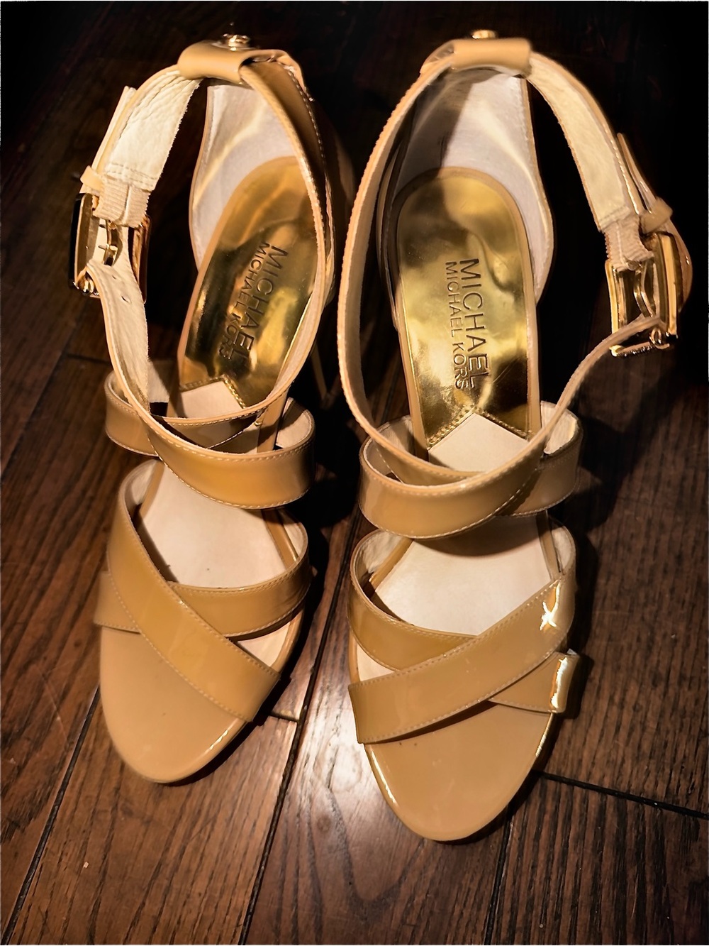 MICHAEL Michael Kors Beige Strappy Patent Leather Heels